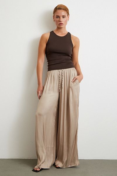 Never more Wide Leg Gathered Trousers with Elastic Waist Beige