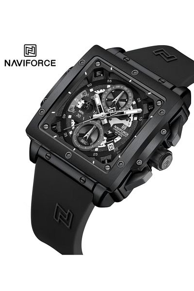 Naviforce Men's Square Dial Chronograph Watch – 40mm, Silicone Strap, Multi-Function Display