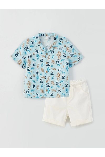 LC Waikiki Lcw Baby Blue Patterned Short Sleeve Baby Boy Shirt and Shorts 2-Piece Set