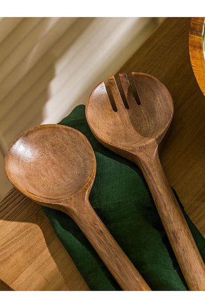 LC Waikiki Checkerboard Patterned Wooden Serving Utensils Set of 2