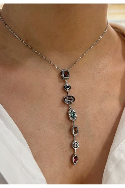Nehir Colorful Stone 7 Element Design Y Necklace Tarnish Free Stainless Steel Silver Color