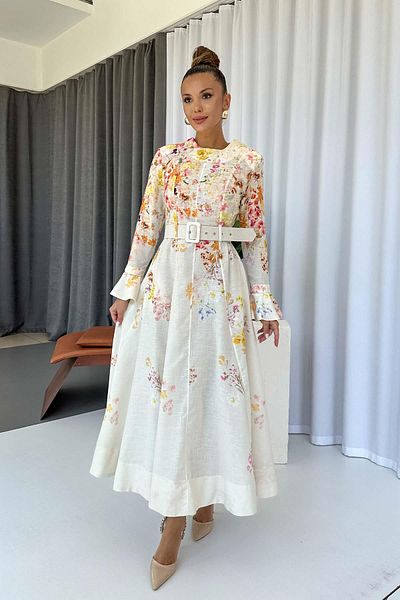 Mine Tan Butik Floral Patterned Belted Linen Long Dress - Ecru