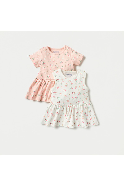 Juniors طقم فستان من قطعتين بطبعة زهور على شكل حرف A مع تفاصيل مطوية