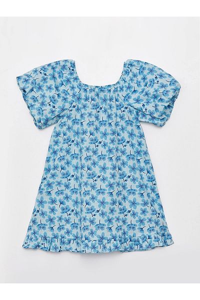 LC Waikiki Lcw Kids Blue U-Neck Pattern Short Sleeve Girl Dress