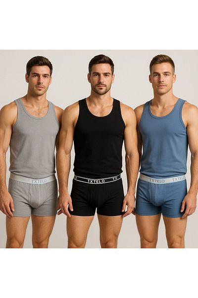TEXTELO Men's Underwear Set – 100% Cotton T-Shirt & Trunk Boxer (3-Pack) – Blue, Black, Gray