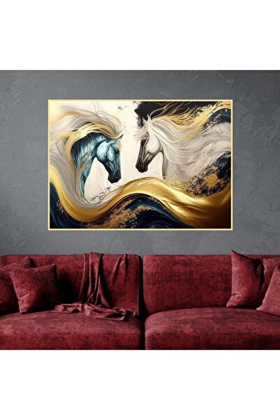 Marktna لوحة قماشية بتصميم احصنة مع برواز خشبي مخفي