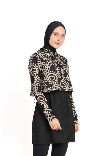 allsea Beige-Black Patterned Full Covered Hijab Swimsuit C9T9N16