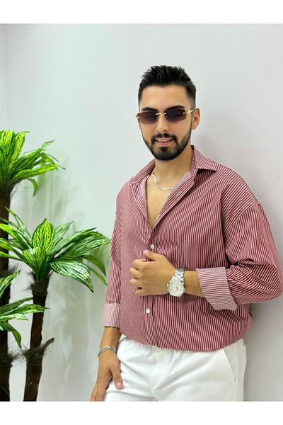 JACK CAPRİO Men's New Season Pinstripe Shirt Golden Fabric Italian Cut Oversize Fit Men's Shirt