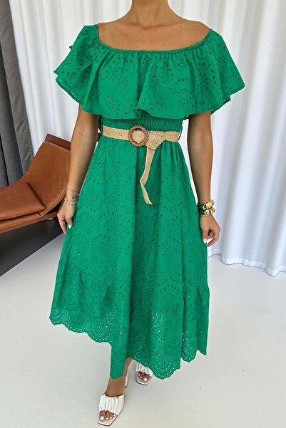 Mine Tan Butik Madonna Yaka Fisto Detaylı Kemerli Elbise - Yeşil