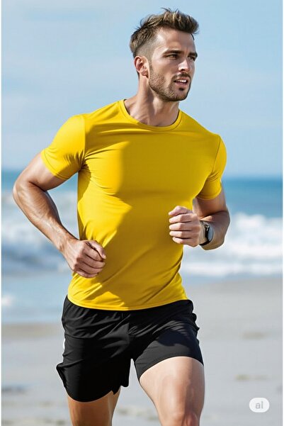 NO 601 Ανδρικό κίτρινο Slim Fit Αθλητικό μπλουζάκι από ύφασμα μονόχρωμο