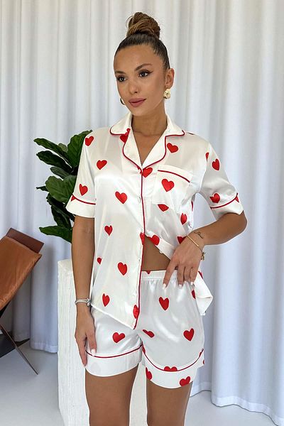 Mine Tan Butik Heart Patterned Satin Pajama Set with Shorts - White