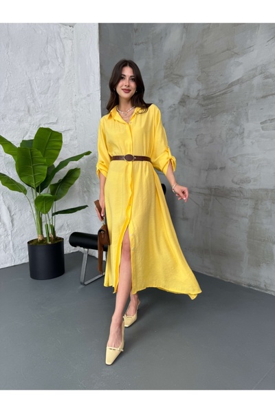 Elif Özbey Butik Sarı Kemerli Gömlek Elbise