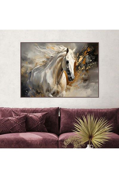 4gdran Horse Canvas Painting with Hollow Brown Frame