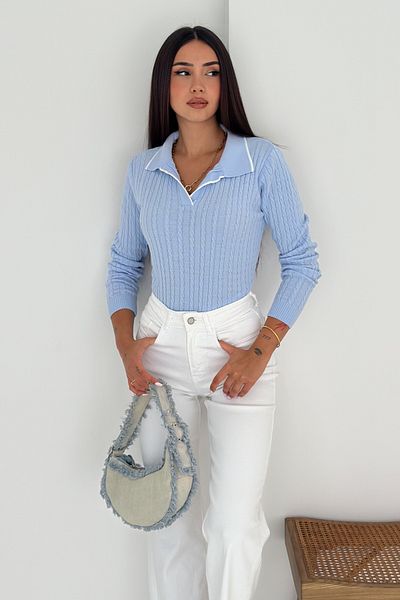 FEMELLE Women's Baby Blue Polo Neck Standard Size Knitwear Blouse