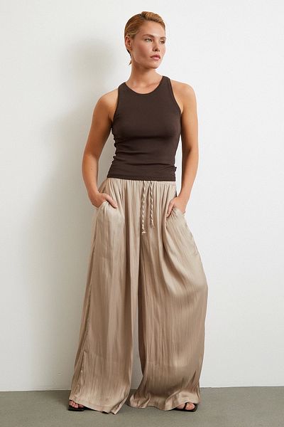 Never more Wide Leg Gathered Trousers with Elastic Waist Beige