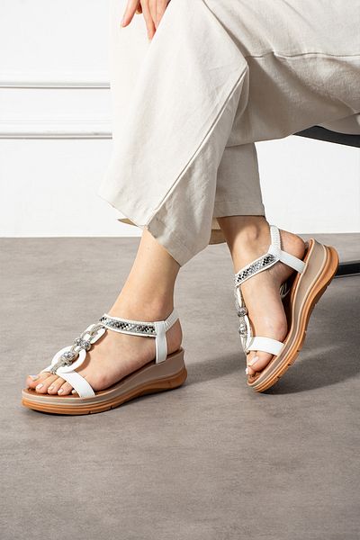 Ayax White Single Strap Ring Stone Lacing Accessory Daily Women's Sandals