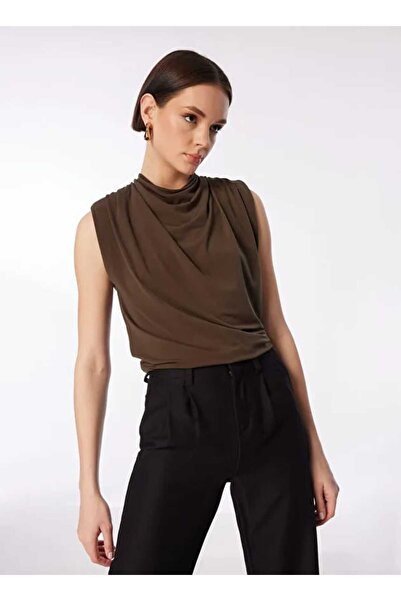 nexora wear Kadın Şık Günlük Giyim Kahverengi Drapeli Degaje Yaka Kolsuz Örme...