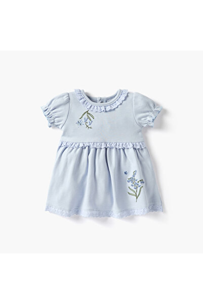 Juniors Embroidered Dress with Round Neck and Short Sleeves
