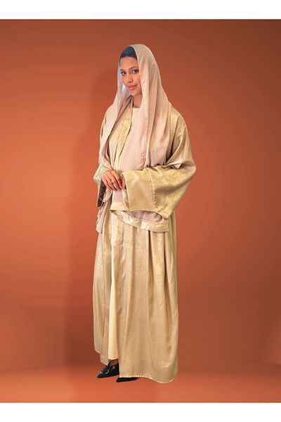 Jameela Gold Metallic Open Abaya With Sheila And Inner