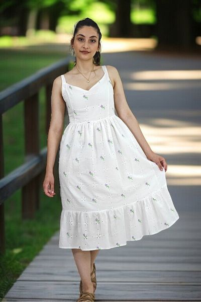 yagmurberen 100% Cotton Brode Alaçati Dress with Hanging Back, Giped Lined, Bird's Eye Pattern