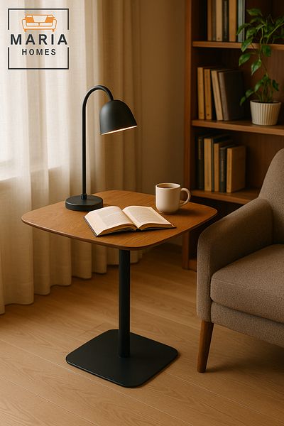 MARIA HOMES Modern Square Café Table with Wooden Top and Black Base – 60x60x75cm