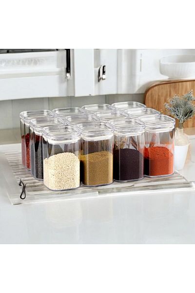 emdeco Set of 12 Vacuumed 300 ml Leakproof Acrylic Mica Spice Containers with Lids Label + Spoon Gift