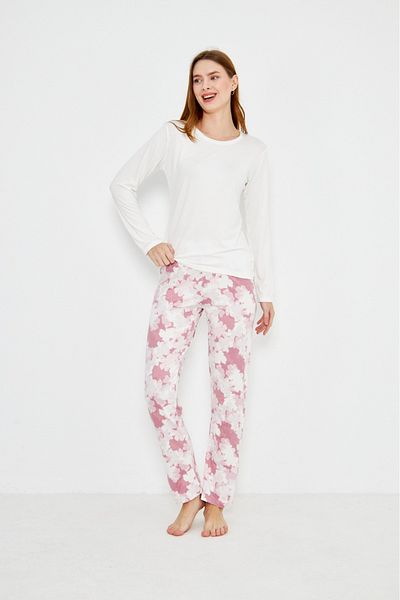 ÇağrıHome Women's 100% Cotton Luxury Viscose Fabric White Six Flower Pattern Long Sleeve Thin Winter Pajamas Set