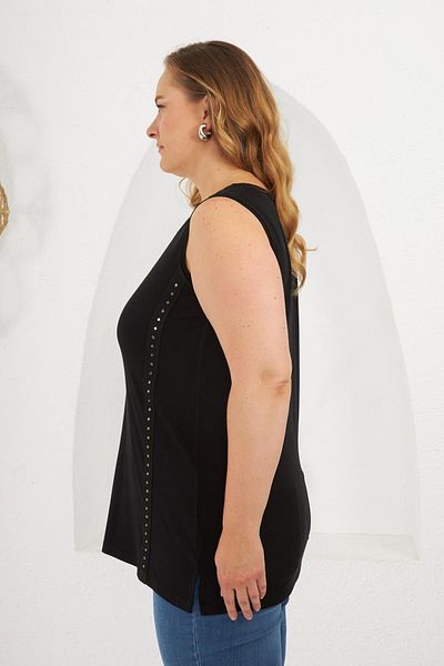 RMG Stone Detailed Plus Size Zero Sleeve Blouse Black