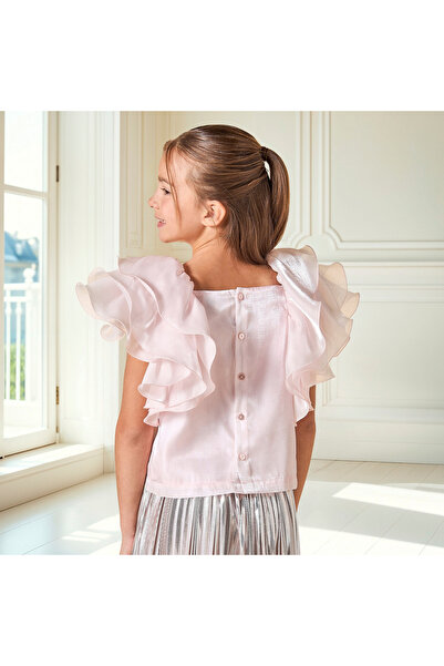 Juniors Solid Ruffle Detail Top with Square Neck and Button Closure