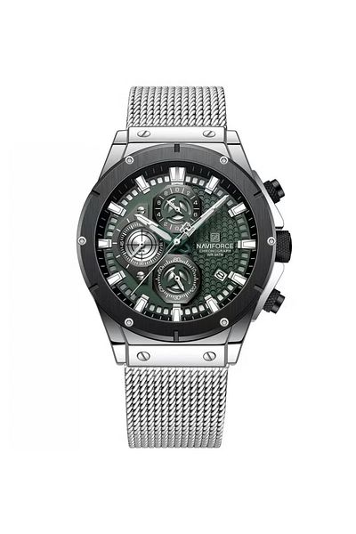 Naviforce Men's Chronograph Watch – 43mm Green Dial, Silver Mesh Strap, Water Resistant