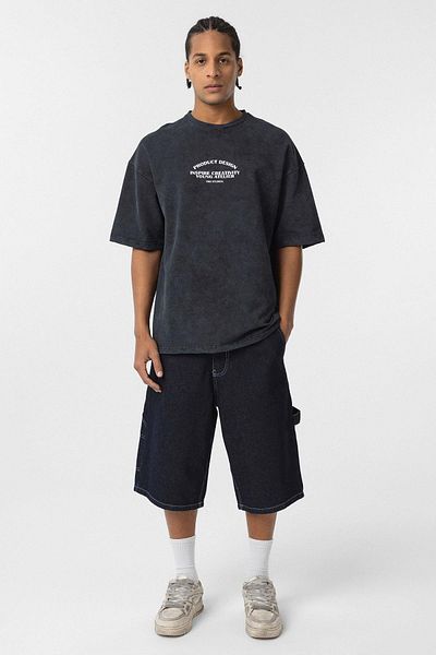 VAMOSCLO Washable Front Text Printed Oversize T-Shirt Black