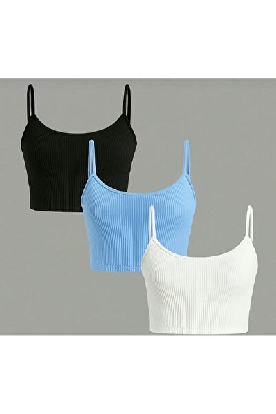 Lorya Giyim Kadın 3'lü Paket İNCE ASKILI Fitilli Crop Basıc ATLET bluz