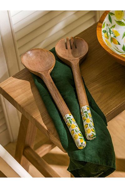 LC Waikiki Checkerboard Patterned Wooden Serving Utensils Set of 2