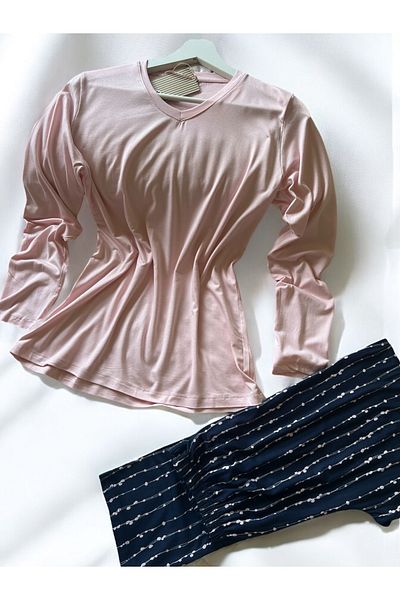 ÇağrıHome Women's 100% Cotton Luxury Viscose Fabric Pink Six Line Pattern Long Sleeve Slim Winter Pajamas Set