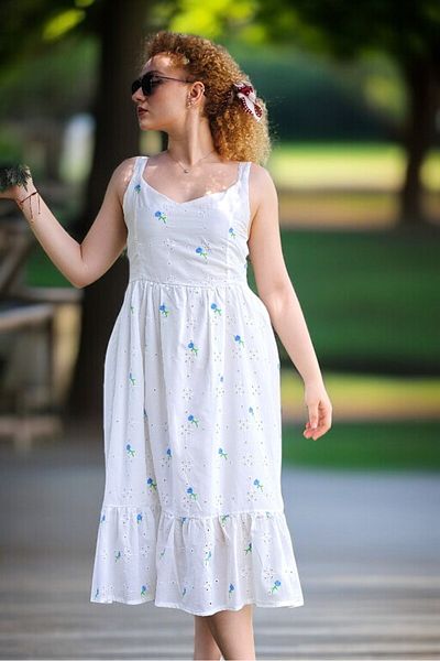 yagmurberen 100% Cotton Brode Alaçati Dress with Hanging Back, Giped Lined, Bird's Eye Pattern