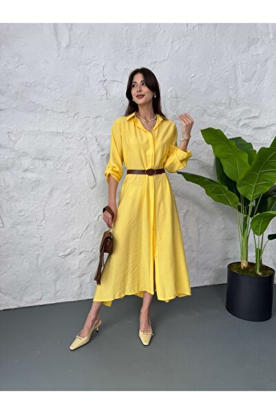 Elif Özbey Butik Sarı Kemerli Gömlek Elbise