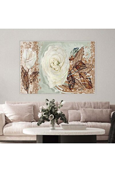 SND لوحة قماشية بتصميم وردة بيضاء مع برواز فضي مجوف