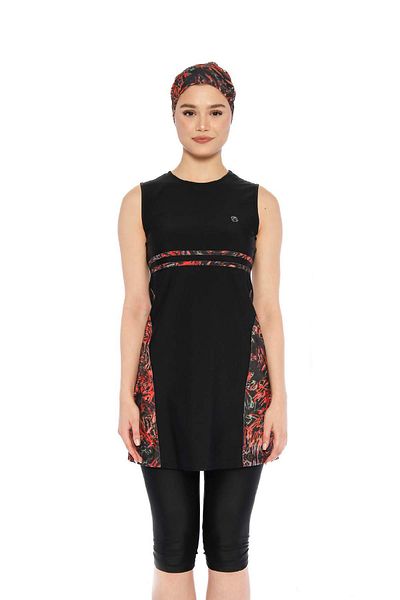 allsea Black Sleeveless Half Covered Swimsuit – Patterned Swimming Cap and Leggings Set C4T8N26
