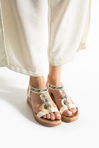 Ayax Beige Single Strap Ring Stone Lacing Accessory Daily Women's Sandals