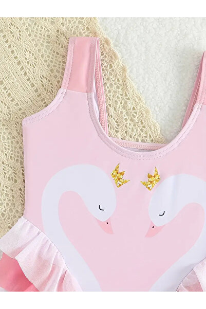 The Cloudish Shop Kız Bebek Çocuk Mayo Kuğu desenli tüllü pembe Upf 50 korumalı