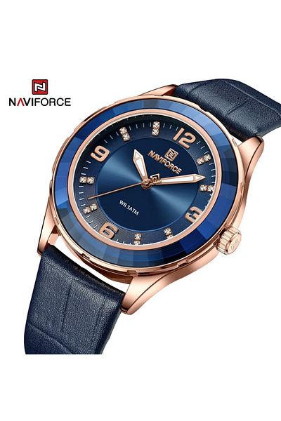 Naviforce Women's Luxury Blue Leather Analog Watch – 40mm Gold-Tone Case, Water Resistant