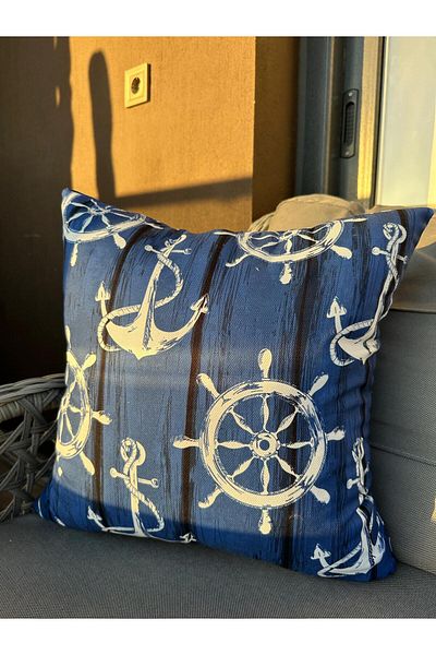 Karam Home 43X43 cm Navy Blue Color Anchor Patterned Throw Pillow Case