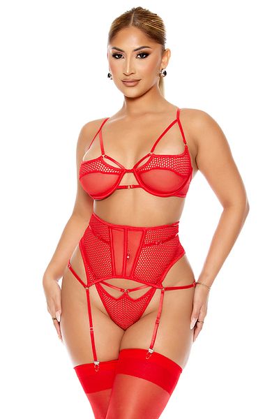 Astra Plus Fancy Mesh Detail Garter Lingerie Set Red - Red - Astps86W10H-Ksi