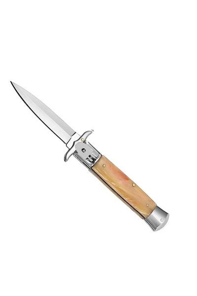 dalimag Cuțit cu buton de deschidere și închidere automată pentru camping, mâner auriu, lamă din oțel, prindere cu curea Ca