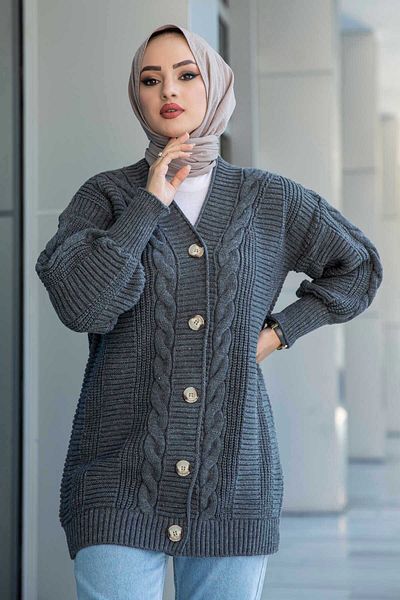 POİNE Hair Braided Balloon Sleeve Knitwear Winter Buttoned Women's Cardigan