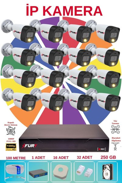 FURY 16 Lı Ip Güvenlik Kamera Seti Sesli 4mp Gece Renkli Su Geçirmez 5515s 250GB