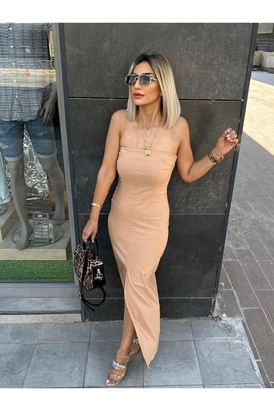 Kokoşum Butik 90758 Στράπλες Φόρεμα Μπεζ