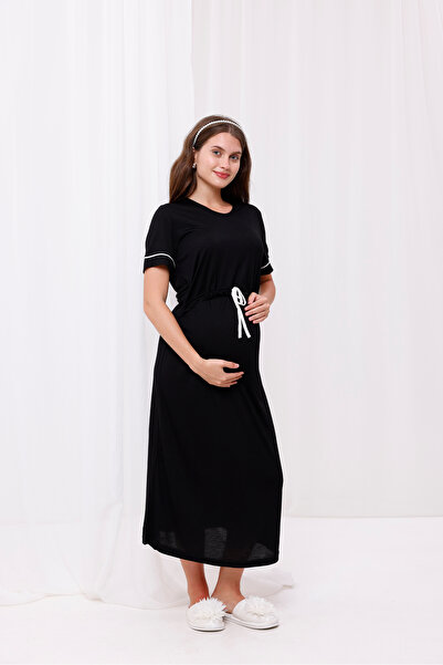 Yulem Homewear Siyah Emzirme Özellikli Lohusa Hamile Gecelik Elbise
