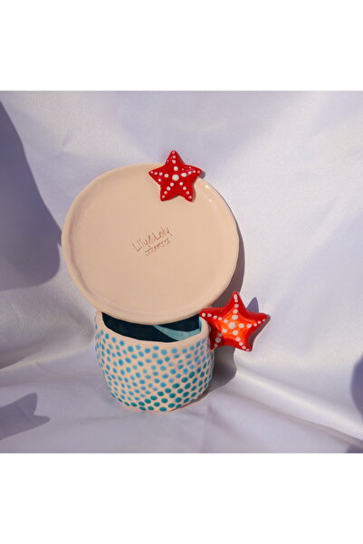 Lily & Loly Ceramics فنجان قهوة تركي سيراميك مصنوع يدويًا من نجم البحر الأحمر مع مقبض أزرق منقط وطبق فردي