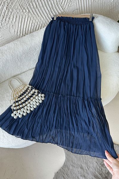 Poliyance Vala Indigo Long Lined Pleated Chiffon Skirt